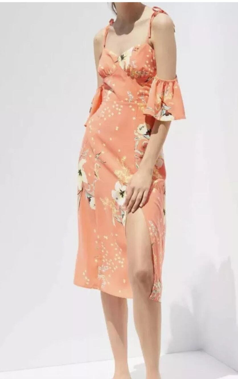 Urban Outfitters UO Boardwalk Floral Off The Shoulder Midi Dress in Coral Size L